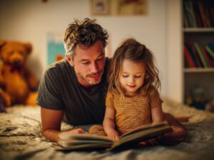 man leest voor aan kind op bed