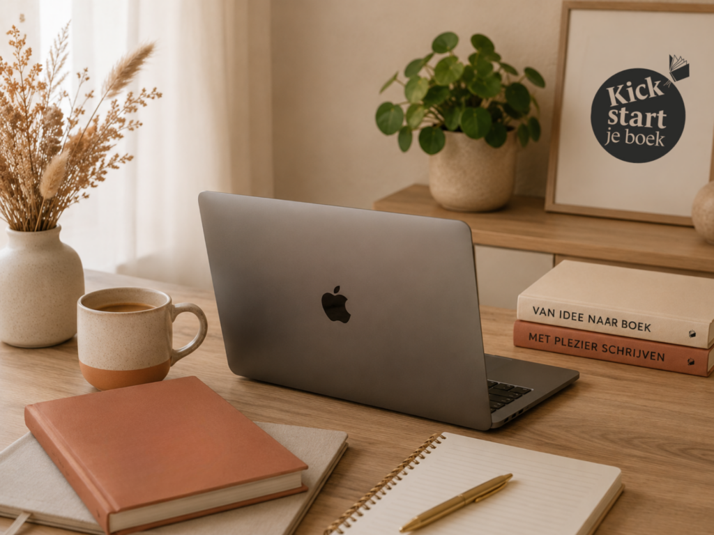 Sfeervolle werkplek met laptop, notitieboek, koffie en boek in warme tinten voor het schrijven van een eigen boek.