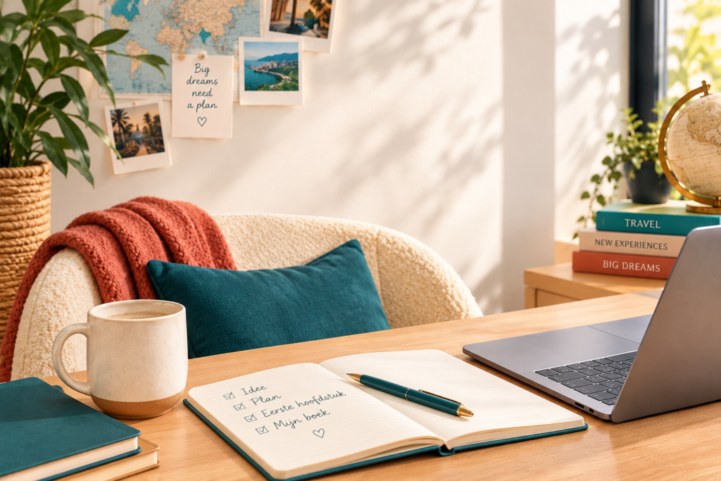 Gezellige werkplek met reis inspiratie