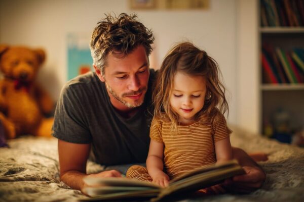 man leest voor aan kind op bed