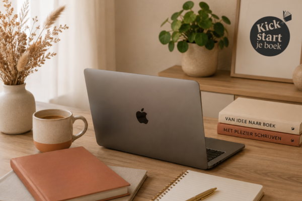 Sfeervolle werkplek met laptop, notitieboek, koffie en boek in warme tinten voor het schrijven van een eigen boek.